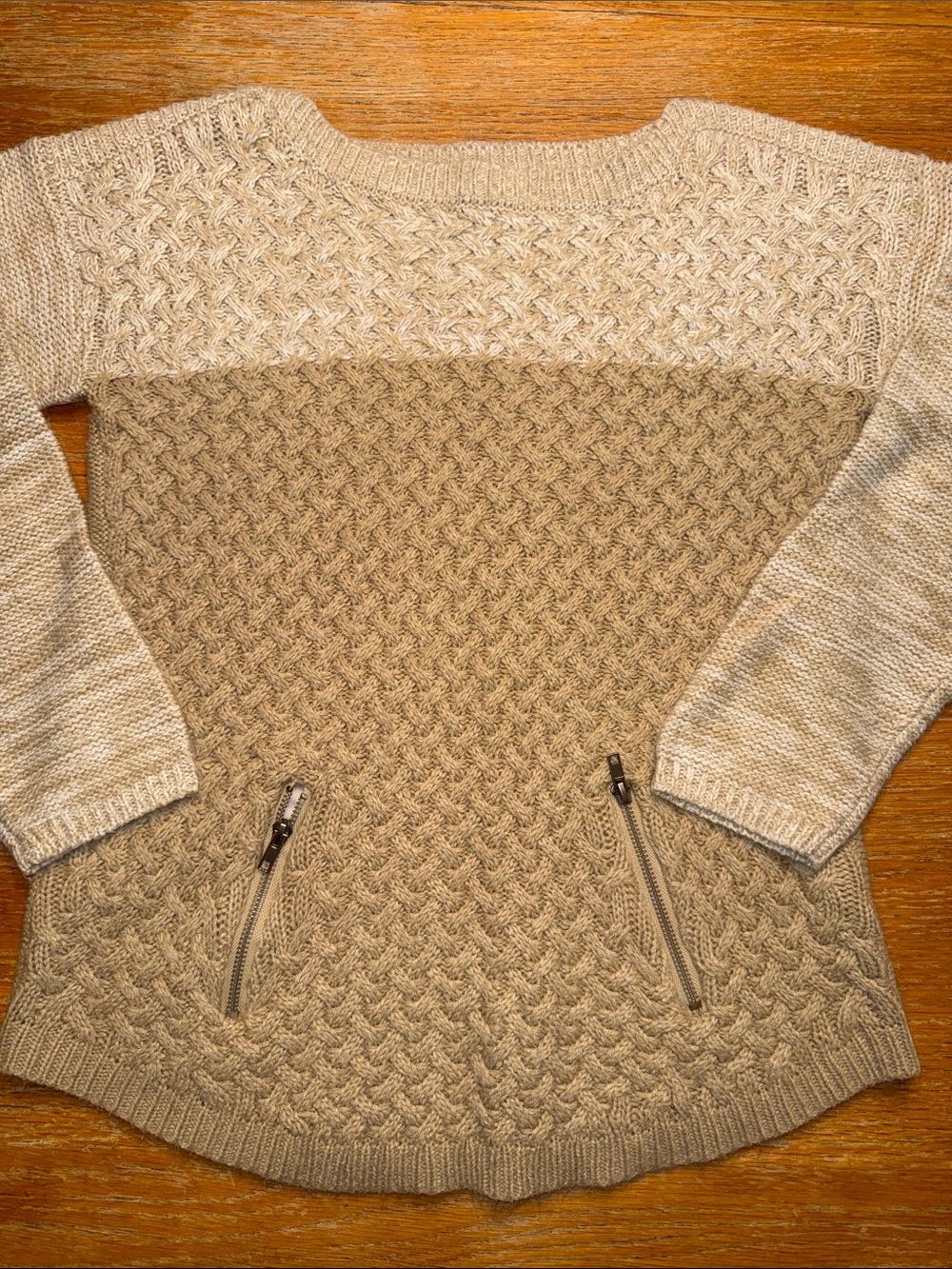 It's Our Time Two-Tone Beige Cable Knit Crewneck Sweater with Zip Pockets